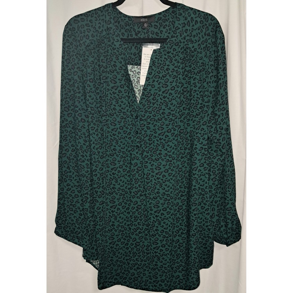Ellos Blouse, Black & Green, Animal Print, size 24, Vneck, long sleeve, 34" long
